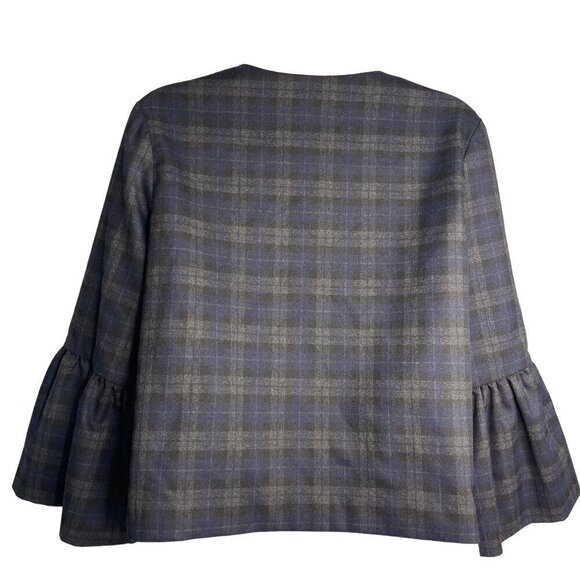 ZARA Basic Plaid Jacket SZ S Modern Crop Ruffle Bell Sleeve Blazer Navy Black - Picture 2 of 10